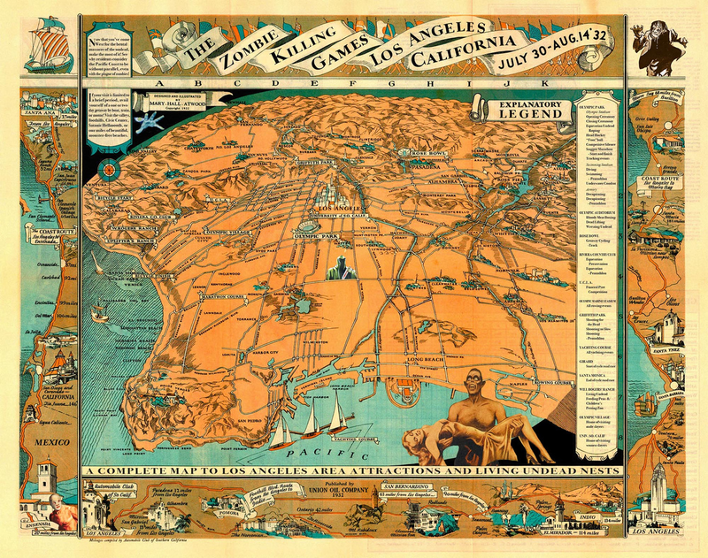 Illustration for article titled Postcards and maps from America's olden days, filled with monsters and alien dictators